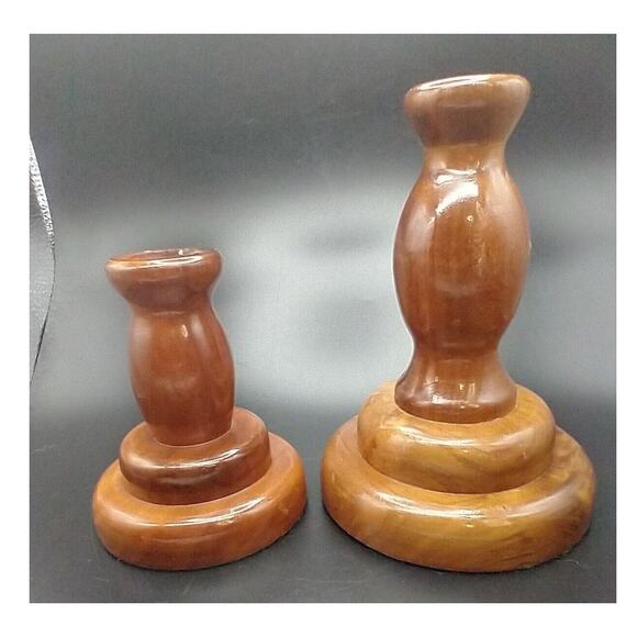 VTG Hand Turned Wooden Votive Candle Holders Offset Walnut? MCM Felted Pair - Picture 2 of 12